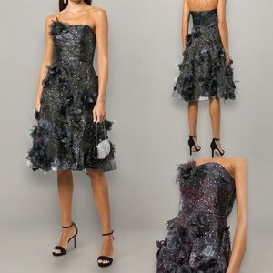 Marchesa Notte 3-D Applique Foiled Printed Organza Fit & Flare Midi Dress Size 6